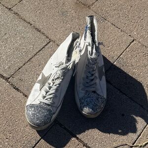 Golden Goose White and Silver Glitter Sneakers